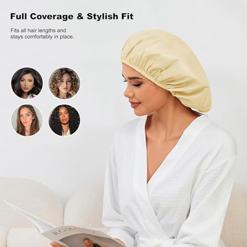 2 Pack Shower Caps for Women, Reusable Waterproof Shower Cap with Elastic Band, Thickened Waterproof Fabric Shower Bonnet for Braids, Long Hair - color: Warm Beige/Mint Green