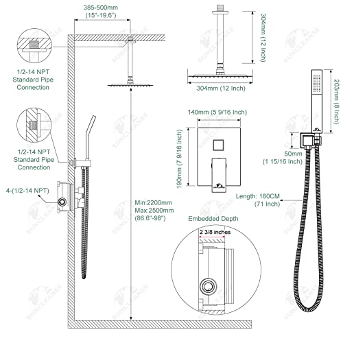 SunCleanse Rainfall Shower System Oil Rubbed Bronze Shower Faucet Combo Set with High Pressure 12 Inches Square Rain Shower Head, Handheld and Shower Faucet Rough-in Mixer Valve and Trim - color: Oil Rubbed Bronze, style: 12-ceiling
