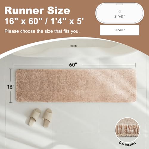 TYUU Beige Bathroom Runner Rugs, Ultra Soft Long Bath Mat Machine Washable Super Absorbent Quick Dry Bathroom Runner Rug 16 x 60 Non Slip, Beige 16" x 60" - color: Beige, size: 16" x 60"