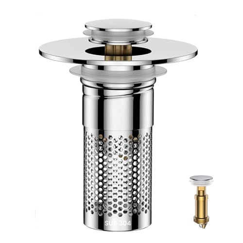 Bathroom Sink Drain Strainer,Universal Pop-Up Sink Stopper Hair Catcher, Anti-Clog Stainless Steel Drain Filter Basket, Removable Sink Drain for Bathroom Sink Stopper - color: Silver-1pack