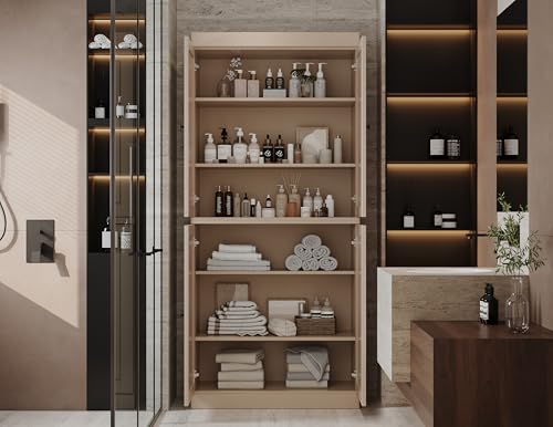 Palace Imports Solid Wood Tall Bathroom Pantry Cabinet with 4 Shaker Doors & Adjustable Shelves, Beige - 100% Eco-Friendly, Renewable, Space-Saving Storage, 71.5" H x 32" W, Made in Brazil - color: Beige