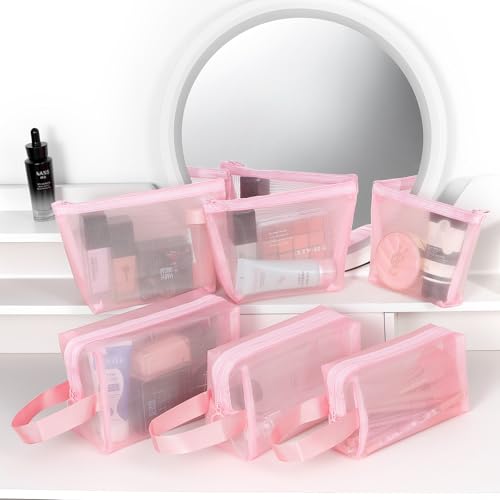 6 Pieces Zipper Mesh Makeup Bags Set, Nylon Cosmetic Bags Portable Clear Toiletry Bas Travel Organizer Bags for Office Travelling Organization (Pink, Assorted Size) - color: Pink