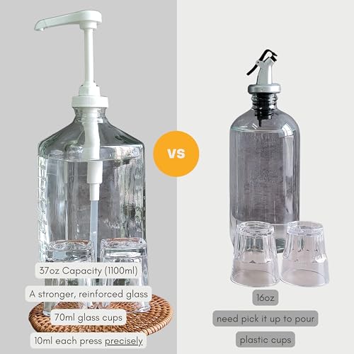 eBun White Mouthwash Dispenser Set, 37oz Glass Bottle with Pump & Cups | Large capacity pump dispenser for bathroom. Includes glass mouth wash bottle & matching cups for stylish daily oral care - color: White