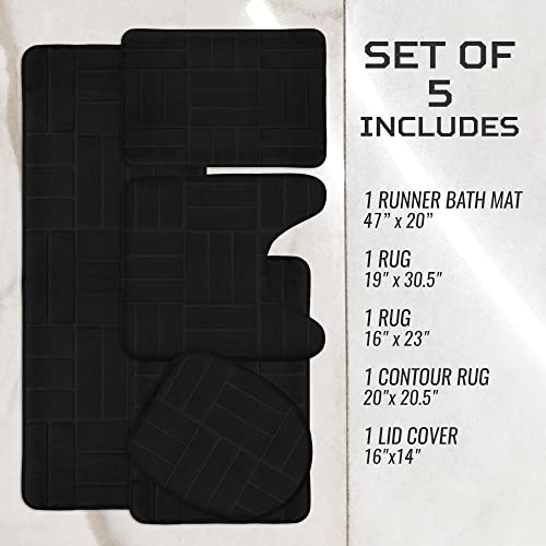 Bathroom Rug Set 5 Piece - Memory Foam Bathroom Mat Set, Soft and Comfortable, Non-Slip Thick Absorbent Bath Mats, Machine Washable, Black - color: Black/ Line