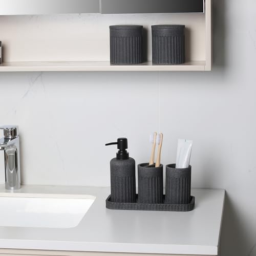 INIUNIK Bathroom Accessory Set - 6 Pieces Bathroom Accessories Set Complete with Soap Dispenser, Toothbrush Holders, Tumbler, Vanity Tray and 2 Qtip Holder for Home Organizer and Decor, Dark Grey - color: Dark Grey