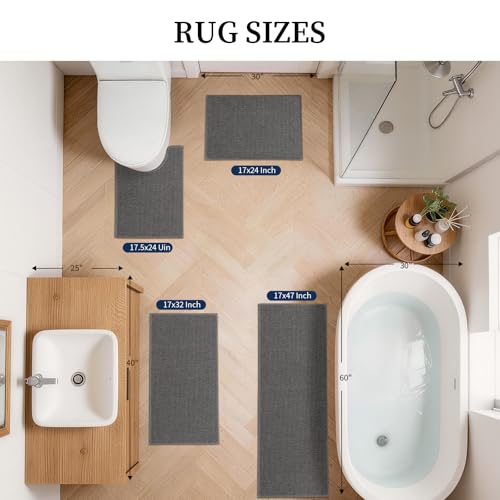 YIHOUSE Dark Gray Bathroom Rugs Sets 4 Piece, Quick Dry Thin Bath Mat with Toilet Rug, Non Slip Absorbent Machine Washable, Bath Runner Rugs for Bathtub Sink Home Decor - color: Dark Gray, size: 4 pieces