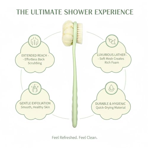 Back Scrubber for Shower, 15.7" Dual-Textured Body Brush with Soft Nylon & Textured Bristles on Long Handle, 2-in-1 Exfoliating and Cleansing Back Washer for Hard to Reach Areas
