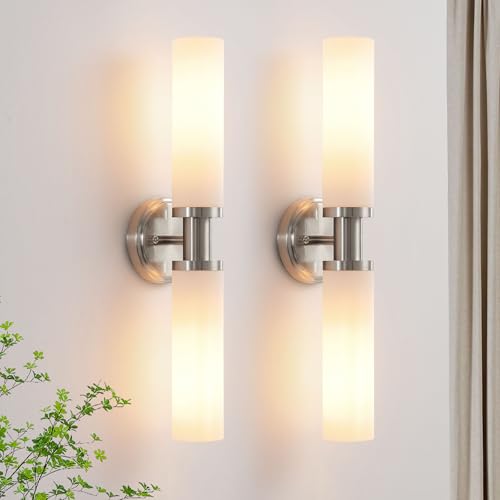 Wall Sconces Set of Two,Brushed Nickel Bathroom Sconces Wall Lighting with White Glass, Modern Sconces Wall Decor Set of 2 Wall Light fixtures for Bathroom Mirror Living Room Hallway Bedroom Wall Lamp - color: brushed nickel white