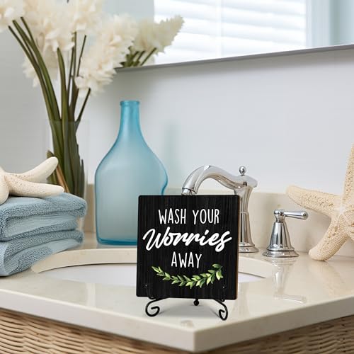 5" Funny Wooden Sign, Wash Your Worries Away Sign, Funny Bathroom Laundry Room Desk Decor, Restroom Guest Bathroom Decoration, Funny Toilet Washroom Plaque Sign Decor-A04 - color: black