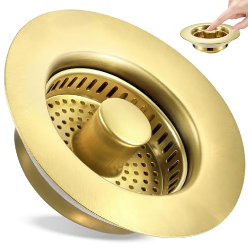 Kitchen Sink Drain Strainer 3 in 1, 304 Stainless Steel Pop Up Sink Stopper, Anti-Clogging Sink Drain Strainer for US Standard Kitchen Drain (Gold) - color: Gold, size: 1 Pack