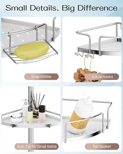 ALLZONE Corner Shower Caddy Tension Pole, 4 Hang-On Basket with Mixed-Height Shelves for Various Bottle Sizes, Extra Hooks & Soap Holder, Rustproof Stainless Steel, Fits 34–116 Inch, Silver/White - color: Silver/White