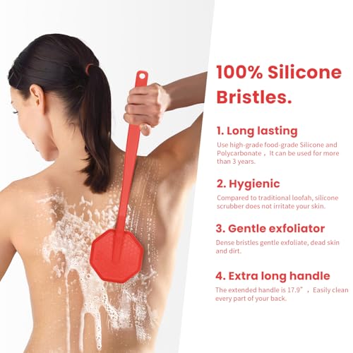 Silver-Infused Silicone Back Scrubber with Long Handle Back Brush for Shower,Back Scrubber Body Exfoliator Scrubber for All Skin Type and Sensitive Skin - for Men and Women - Red - color: Red