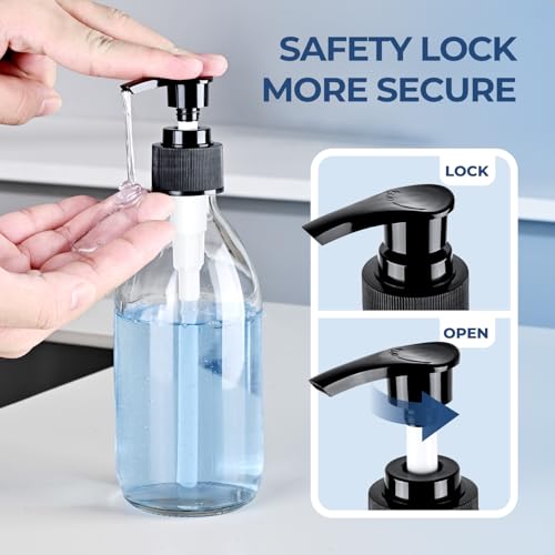 8 oz Clear Glass Pump Bottle, 250ml Small Lotion Dispenser Bottle for Body Massage Oil, Refillable Empty Hand and Dish Soap Dispensers Set with Labels - 3 Pack - color: Clear