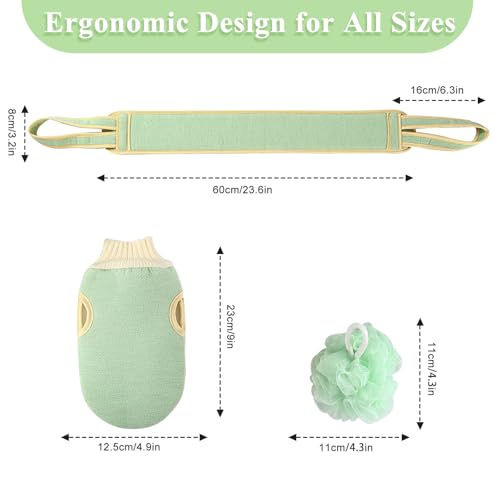 Exfoliating Glove and Back Scrubber for Shower - 3-Piece Exfoliating Mitt Set with Bath Sponge - Deep Skin Cleansing Body Scrubber for Dead Skin Removal, Self-Tan (Green) - color: Green