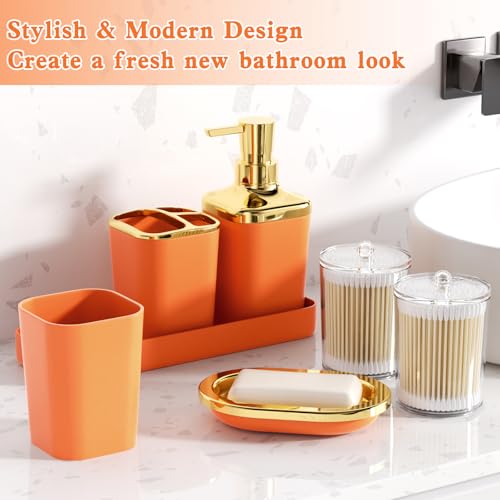 XLHOMO Orange Bathroom Accessories, Bathroom Sets with Stripe Shower Curtain, Orange and Gold Bathroom Accessories Set with Trash Can, Soap Dispenser, Soap Dish, Qtip Holders for Bathroom - color: Stripe Orange & Gold, size: Complete Set