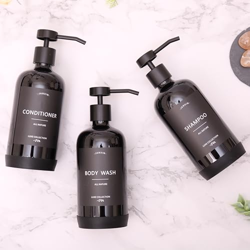 Shampoo and Conditioner Dispenser Set of 3,Refillable 21oz Shampoo Bottles with Non-Slip Protective Silicone Pad,Shower Soap Dispenser with Waterproof Labels for Bathroom (Black) - color: Black Bottles +Black Pumps