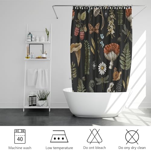 Vintage Mushroom Shower Curtain Sets, Botanical Mushrooms Fern Forest Plants Woodland Nature Witchcraft Bath Curtain, Waterproof Polyester Fabric Bathroom Curtain with Hooks 72 x 72 inch - color: Green Red Black, size: 72"W x 72"L (Pack of 1)