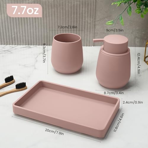 Bathroom Accessories Set, Modern 3 Pcs Bathroom Essentials - Soap Dispenser, Toothbrush Holder & Tray, Countertop Vanity Organizer (Pink) - color: Pink