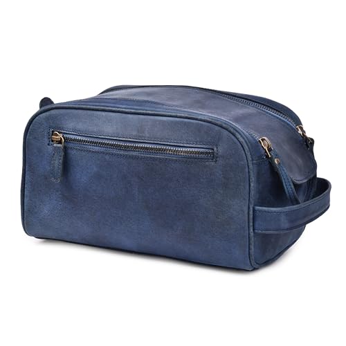 LEATHER VILLAGE Genuine Leather Toiletry Travel Bag With Waterproof Lining - Blue | King-Size Handcrafted Vintage Dopp Kit Bag, Shaving & Bathroom Organizer, Gift for Men & Women - color: Blue