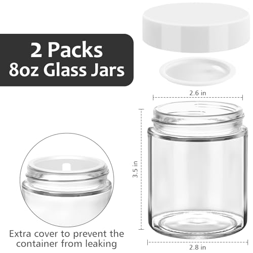 Accmor 8 oz Glass Jars with White Lids, 2 Pack Empty Glass Jars Makeup Sample Container with Inner Liners, Leakproof Round Airtight Cosmetic Travel Containers for Lotions, Creams, Candle Making - color: White, size: 8 Ounce
