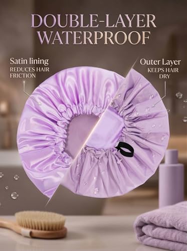 Aquior Shower Cap,Extra Adjustable Shower Caps for Women Double-Layer Waterproof Reusable Hair Cap, Large Size Hair Cap for All Hair,for Girls Spa Bath,Soft and Comfortable (Purple) - color: purple