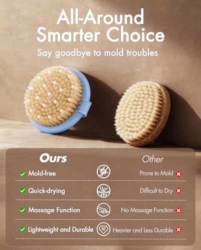 Dry Brushing Body Brush for Massage - Natural Boar Bristle Exfoliating Brush with Massage Nodes for Lymphatic Drainage, Cellulite, Blood Circulation Improving Skin Health for Women Men Elderly(Blue) - size: Round 4.3 in-Blue