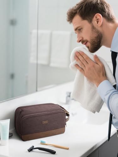 WANDF Toiletry Bag for Men Travel Toiletry Organizer Canvas and Leather Dopp Kit Water-Resistant Shaving Bag for Travel Accessories (Brown, Large) - color: L, Brown, size: Large