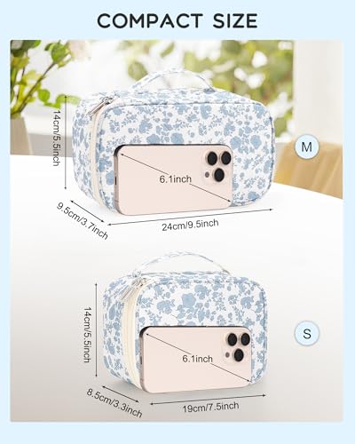 Relavel Travel Makeup Bag, Mini Floral Cosmetic Bag with 2 Makeup Brush Holders, Portable Makeup Pouch for Women, Cute Toiletry Bag with Double Layer Organizer, Blue Flower-Smaller - color: 01-Blue Flower, size: SMALL