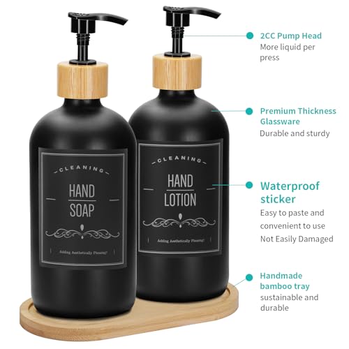 2 Pack 16 Oz Glass Soap Dispenser Set with Tray and Sticker, Hand Dish Soap Dispenser Set for Bathroom and Kitchen Bottle Dispenser with Dish Soap, Hand Soap, Lotion Sticker (Black) - color: Black