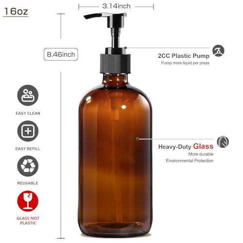4 Pack 16 oz Amber Glass Bottles with Pumps for Shampoo, Essential Oils, Cleaning Products, Lotions, Aromatherapy Oil, Pump Bottles, Refillable Containers with Cap, 8 Chalk Labels, 1 Pen - size: 16 oz Amber 4Pack