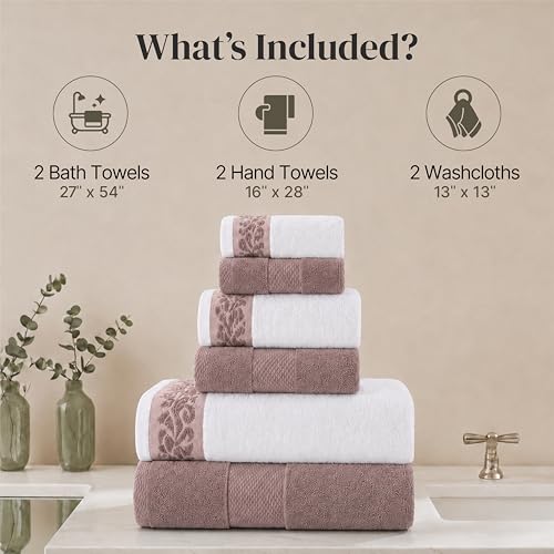 Modern Threads 600 GSM 6-Piece Towel Set with Filgree Jacquard Border Rose - color: Rose, style: Jacquard Border