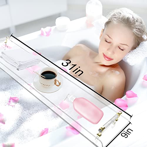 Clear Bathtub Caddy Tray, 31" Acrylic Bathtub Shower Table with Metal Handles, Luxury Bathroom Accessories