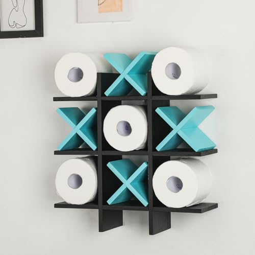 Weysat Tic Tac Toe Toilet Paper Holder Stand Bathroom Wall Decor Rustic Wooden Hanging Storage Freestanding Wall Mounted Shelves Decor for Toilet Tissue Farmhouse - color: Black, Blue
