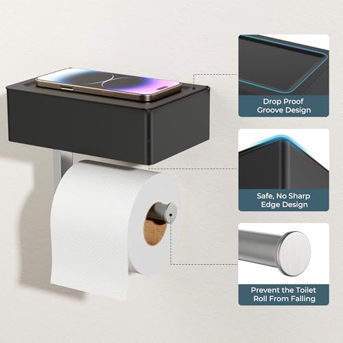 FORIOUS Toilet Paper Holder with Shelf, Sanitary Napkin Receptacle Tampon Holder, Wall Mount Toilet Paper Holder with Storage, Flushable Wipes Dispenser Fits for Bathroom Commercial Black & Nickel - color: Black & Brushed Nickel, size: 1 Pack-8" (L)
