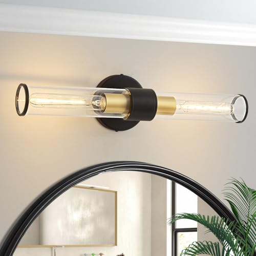 Hardwired Black Gold Vanity Light Clear Glass Wall Sconce | Up & Down Bidirectional Lighting, Damp Rated For Bathrooms, Dimmable, Rustproof Metal, 5-Year Manufacturer Warranty - color: Black Gold-A