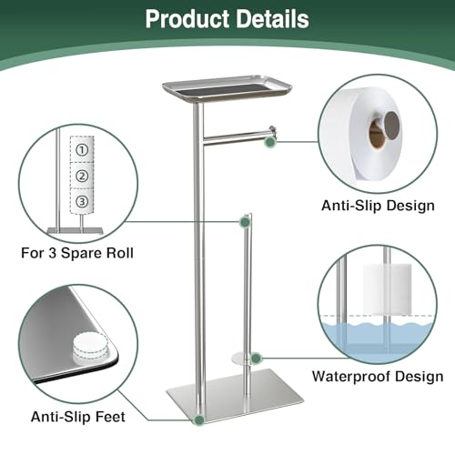 Toilet Paper Holder Stand with Top Storage Shelf, Free Standing Toilet Roll Dispenser for Bathroom, Holds 4 Reserve Rolls - color: Silver