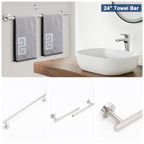 NearMoon 5 Pieces Bathroom Hardware Set SUS304 Thicken Stainless Steel-Towel Rack Kit Include 24" Towel Rod +Bath Towel Ring +Toilet Paper Holder +2 Robe Towel Hooks Bath Accessories (Nickel) - color: Brushed Nickel