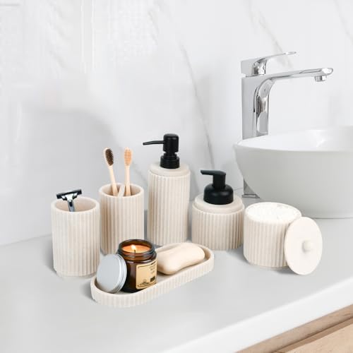 Beige Bathroom Accessory Set - 6 Pcs: Toothbrush Holder, Lotion & Foaming Soap Dispensers, Qtip Holder, Vanity Tray, Bathroom Tumbler - Countertop Organizer - color: Beige