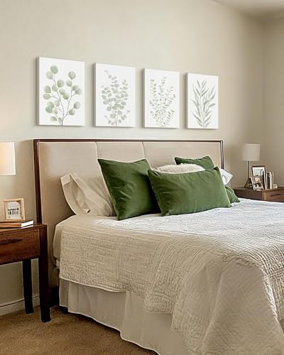 KUVIOKE Botanical Framed Boho Wall Art Bathroom Plants Wall Decor Green Sage Eucalyptus Leaf Prints Minimalist Aesthetic Ready to Hang Set of 4, 12x16 in (Framed) - color: Sage Plants - Standard, size: 12 x 16in x 4 Panels