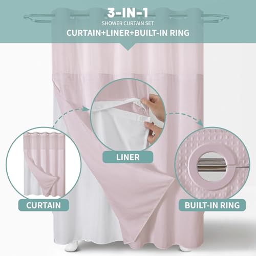 eachope BlushPink Long No Hook Waffle Weave Shower Curtain with snap-in Liner Replacement, 230GSM Waterproof Fabric Hotel Shower Curtain Set for Bathroom, Through Mesh Top Window,71Wx80H - color: Blushpink, size: 71"W x 80"L (Pack of 1)