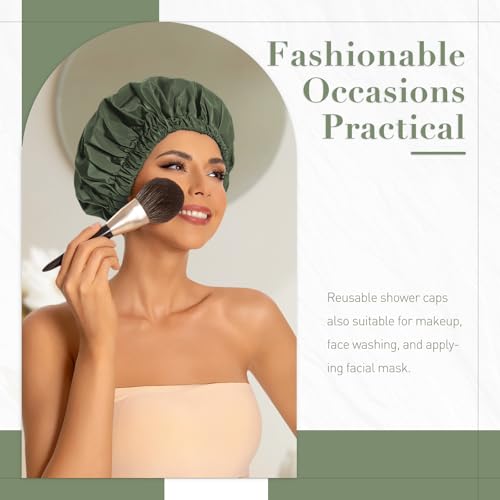 Edoneery Reusable Shower Caps for Women, Waterproof Long Hair Bonnet | Washable Design, Wide Elastic Band, Large Fit, Holds Long Hair, Braids Friendly, Bath Accessories, Spa, Travel - color: Green