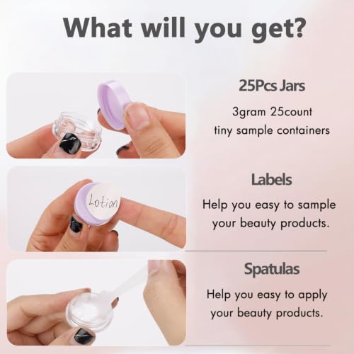 3 Gram Sample Jars with Lids, 25 Count Mini Cosmetic Containers - Makeup Travel Containers with Labels, Tiny Disposable Spatulas - color: Purple