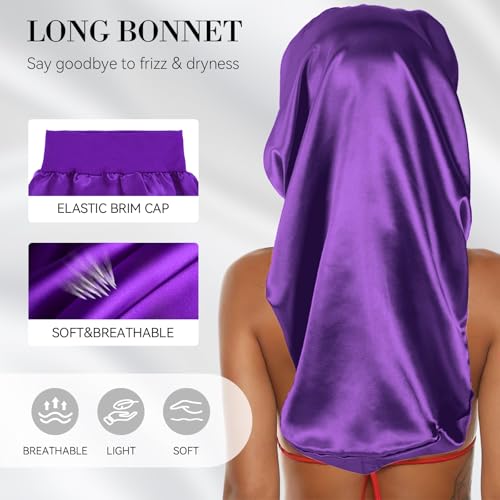 Braid Bonnet-Mesh Hair Nets for Sleeping Set Long Hair Bonnet Satin Reusable Elastic Mesh Wrap Cap for Curly, Braids Hair Anti Frizz 2 Piece Set (black net, dark purple bonnet) - color: Black Net, Dark Purple Bonnet