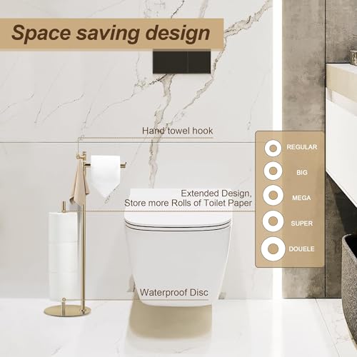 BVL Toilet Paper Holder Stand in Gold, SUS304 Stainless Steel, Weighted Base, Holds 5 Jumbo Rolls, Waterproof Pad, Compact Space-Saving Design with Built-in Hook for Modern Bathroom Storage - color: Gold