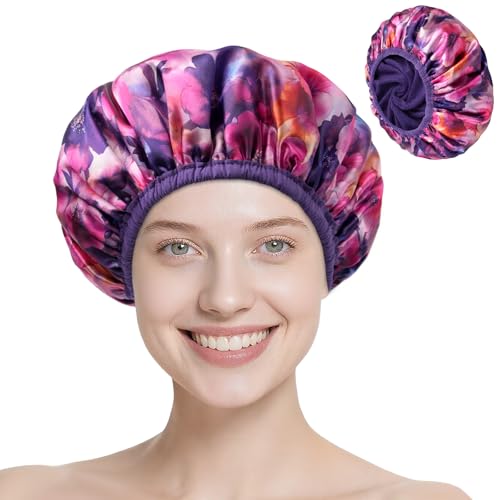 Upgraded Waterproof Terry Shower Caps, Reusable Shower Cap for Women with Long Hair, Soft Absorbent Hair-Protecting Towel Lining Bath Cap, Large Leak-Proof Hair Cap with Fashionable Print Outer-Purple - color: Purple