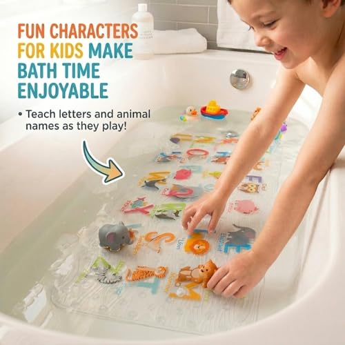 BEEHOMEE Cartoon Non Slip Bathtub Mat for Kids - 34x15 Inch XL Large Size Anti Slip Shower Mats for for Toddlers Children Baby Floor Tub Mats (Alphabet)