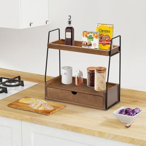 2-Tier Bathroom Organizer Countertop with Drawer, Wood Counter Organizer for Bathroom Decor, Sink Shelf for Vanity Storage, Makeup Tray for Perfume Skincare, Spice Rack Bedroom Kitchen Corner - color: Brown
