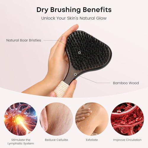 eaxun Bamboo Dry Brushing Set with Body and Face Brush, Dry Scrub Brush with Exfoliating Natural Boar Bristle for Lymphatic Drainage, Cellulite Reduction, Blood Circulation and Glowing Skin, 2 Pack - color: Stiff Boar Bristles