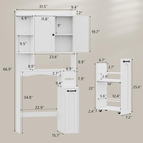 Einhomn Over The Toilet Storage Cabinet with Pulley, Space Saver Bathroom Organizer with Arched Doors & Open Shelves, Toilet Paper Holder Stand Toilet Rack for Bathroom, Restroom, Laundry, White