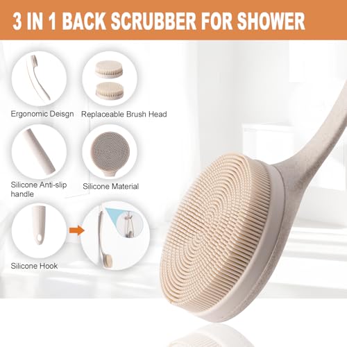 Long Handle Shower Back Scrubber,15.75 Inch Ergonomic Curved Brush with 3 Replaceable Heads with Soft and Firm Bristles,Silicone Handle for Easy Back Cleaning and Exfoliation,Bath Body Brush(Beige) - color: Wheat Straw Beige